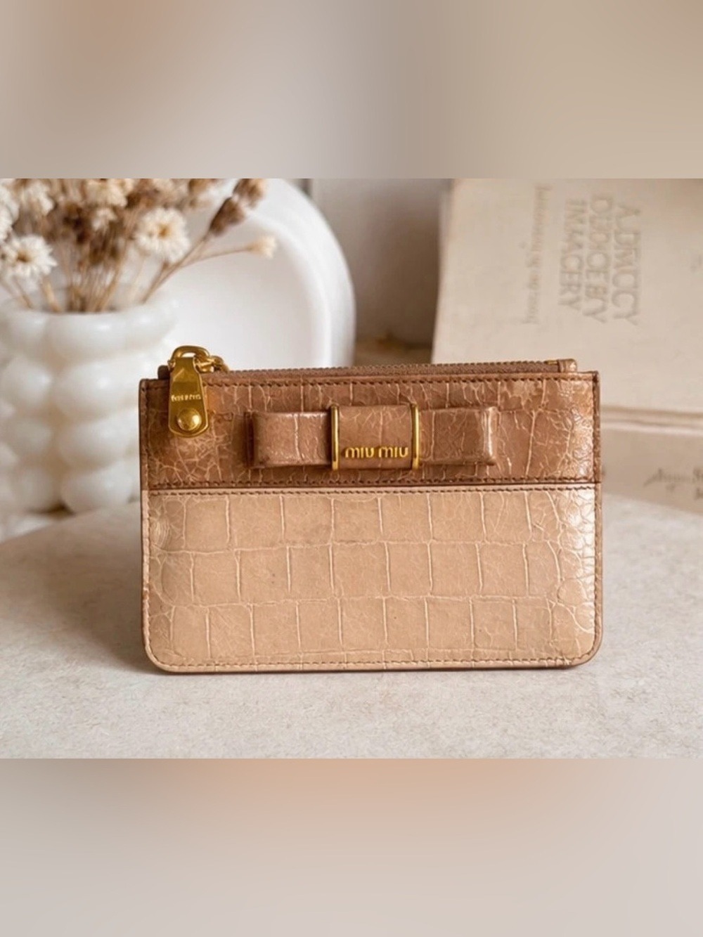 Miu Miu Croc Embossed Bow Zip Card Holder Wallet Beige Tan
